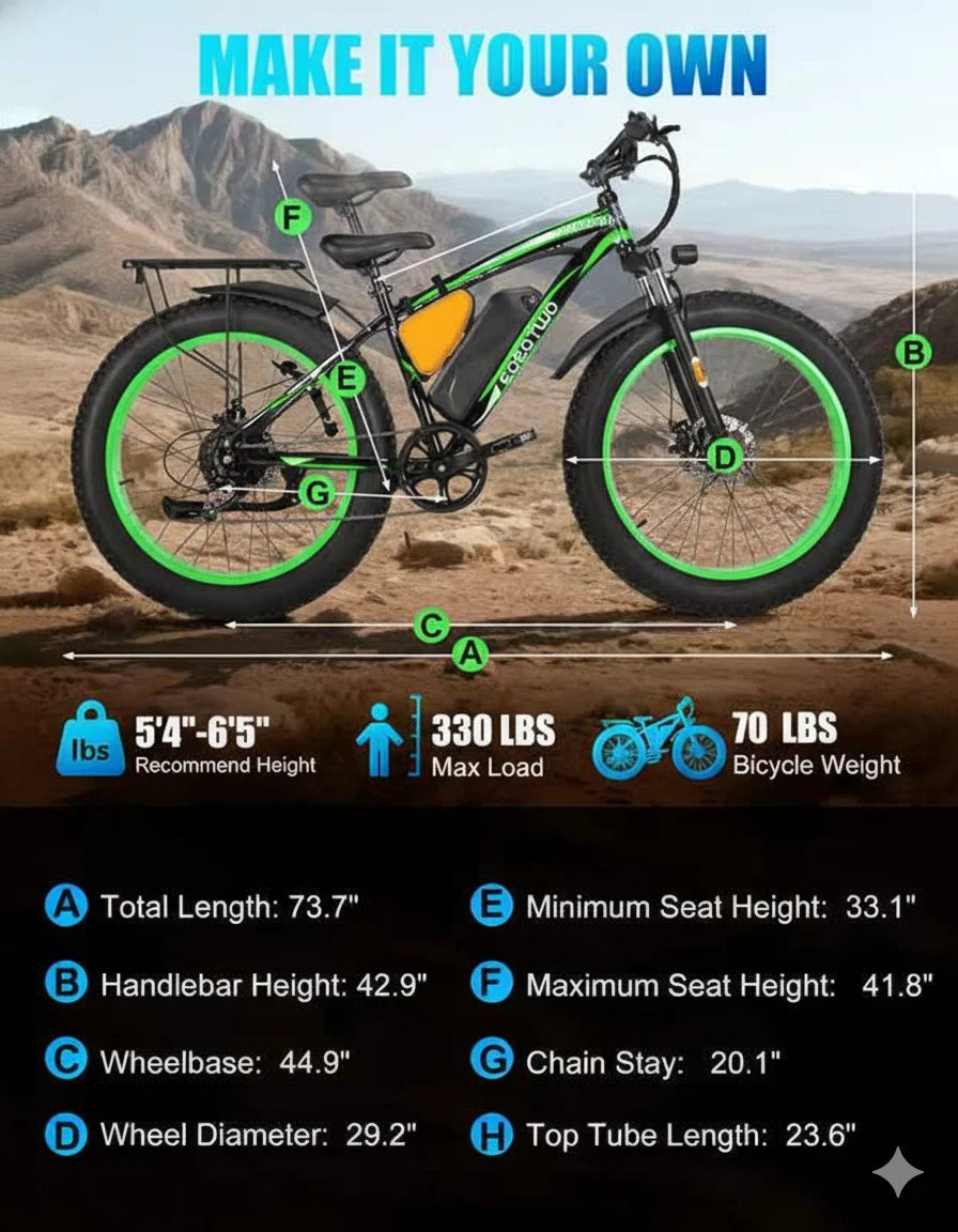 26" Fat Tire Electric Bike for Adults 48V 20Ah Battery 1000W Motor.