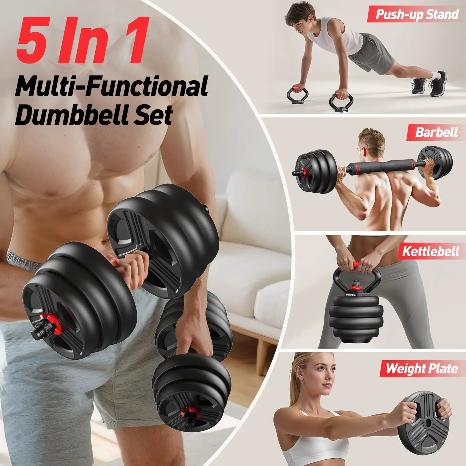 Adjustable 5 in 1 Free Weights Set, 20/35/45/70/90LB Dumbbell Set,