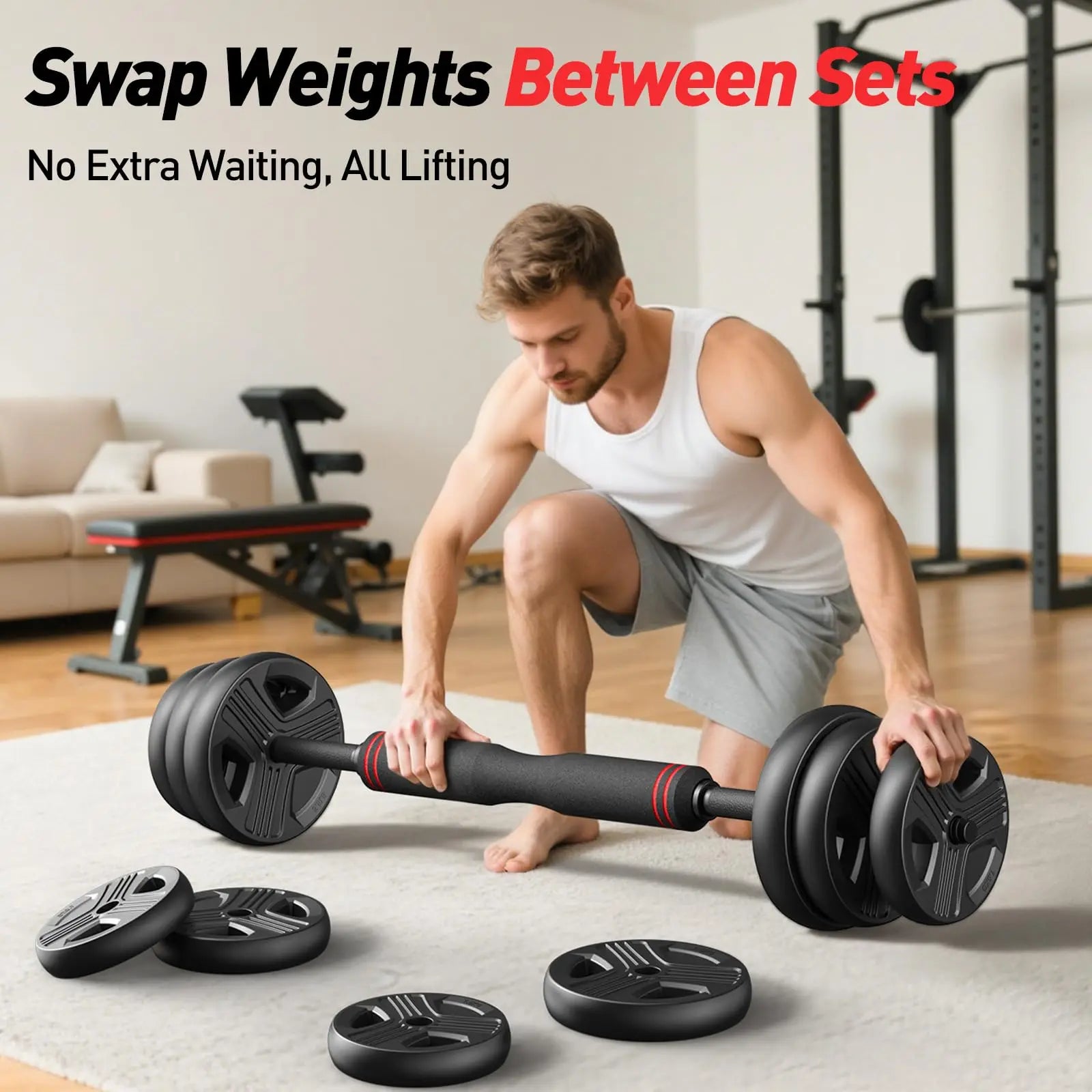 Adjustable 5 in 1 Free Weights Set, 20/35/45/70/90LB Dumbbell Set,