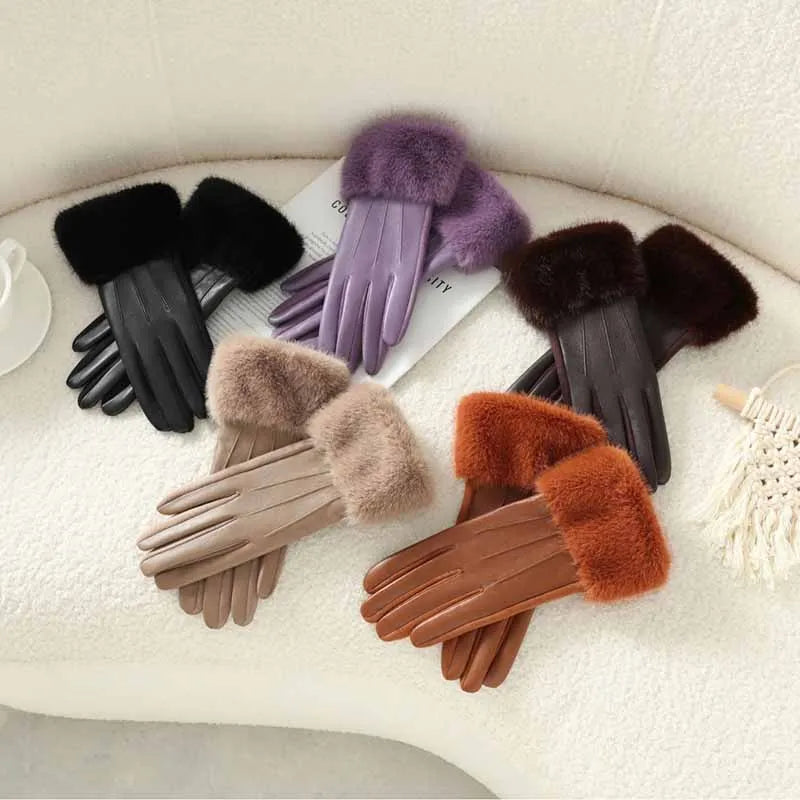 Winter Luxury Women's PU Leather Gloves Fur Trim Cuff