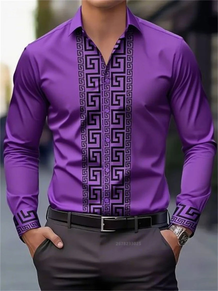 Men's long-sleeved shirt with pattern design, fashionable lapel button-down top.