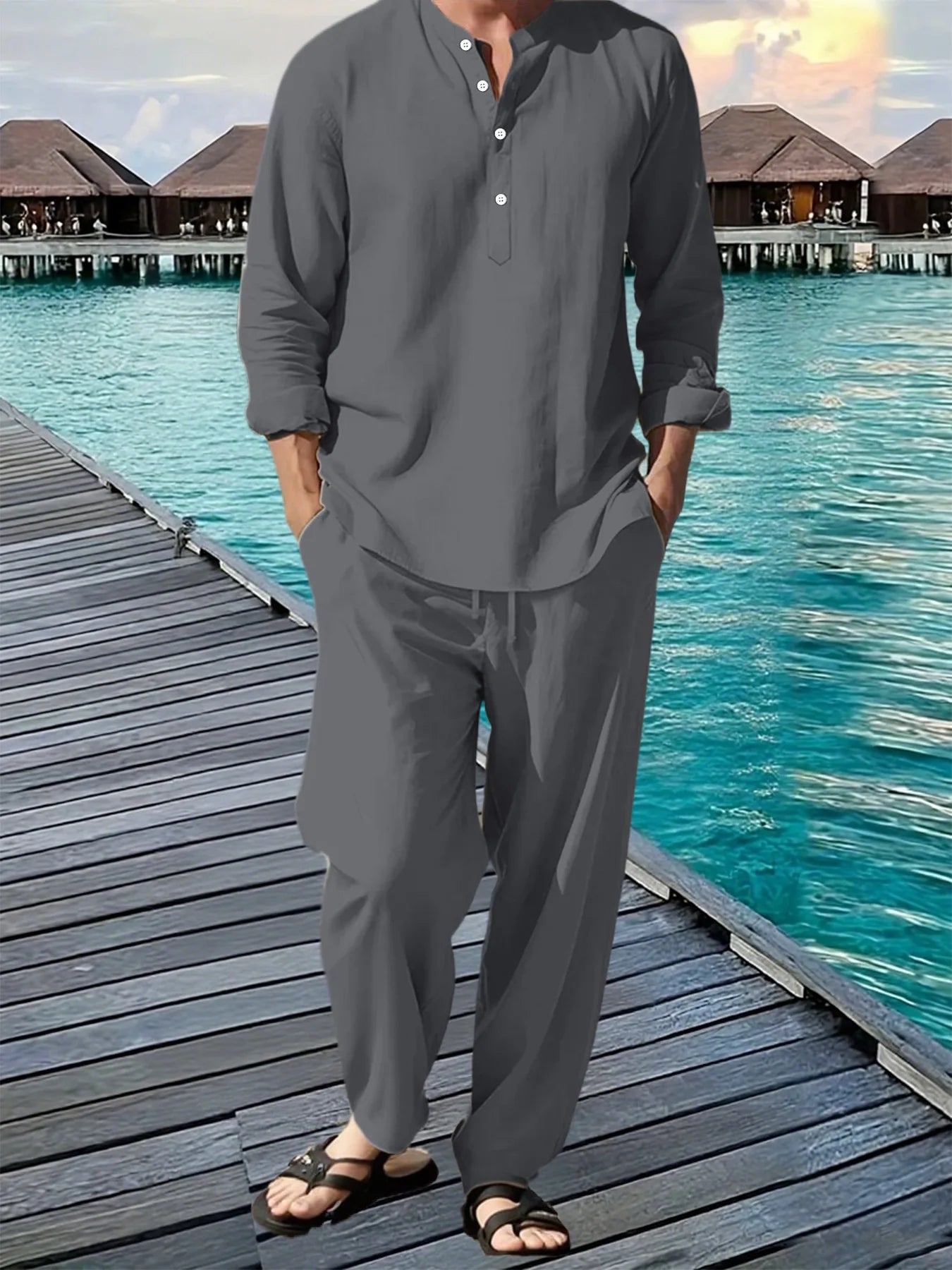 New Long Sleeve Henley Shirt Pants Suit for Men.