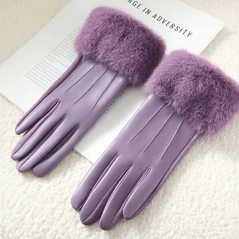 Winter Luxury Women's PU Leather Gloves Fur Trim Cuff