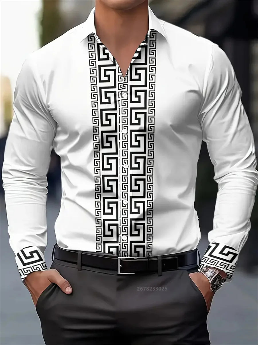 Men's long-sleeved shirt with pattern design, fashionable lapel button-down top.