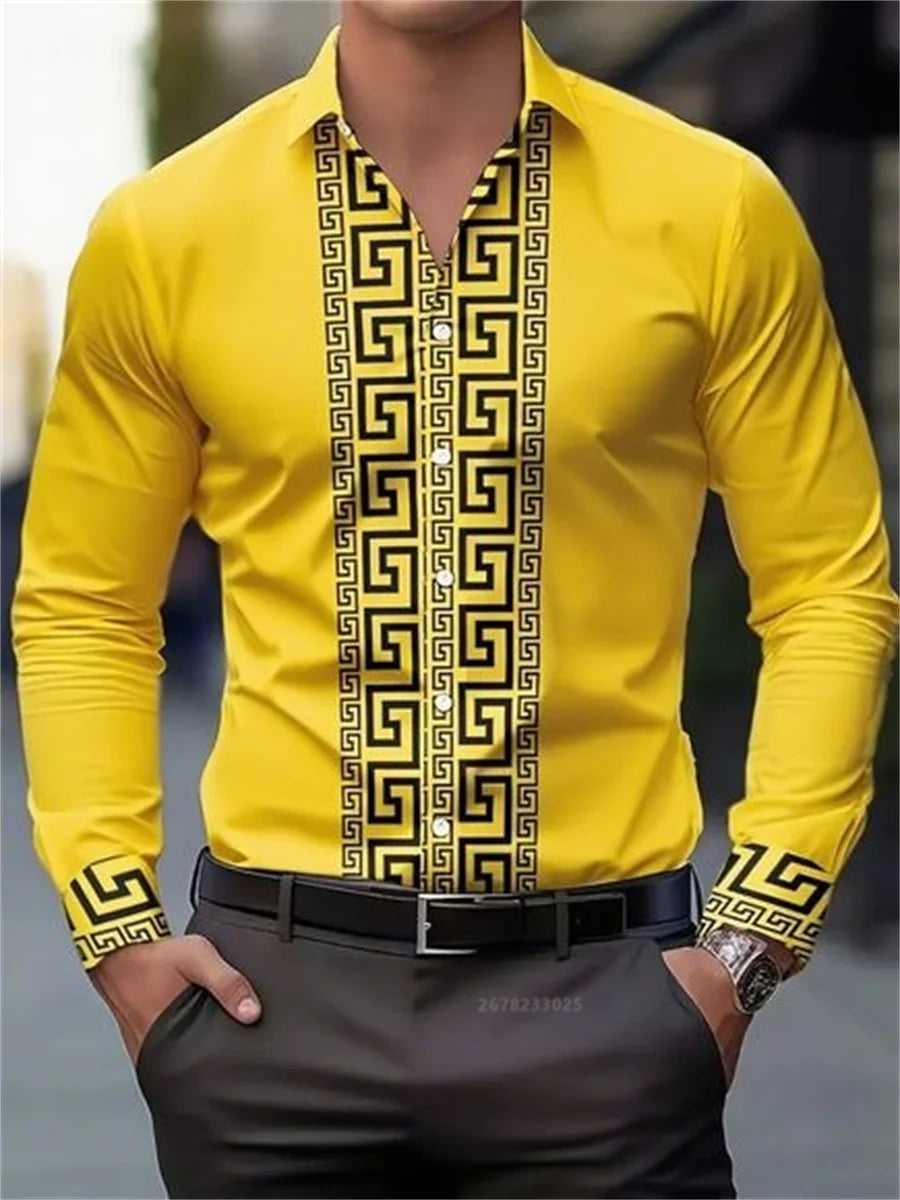 Men's long-sleeved shirt with pattern design, fashionable lapel button-down top.