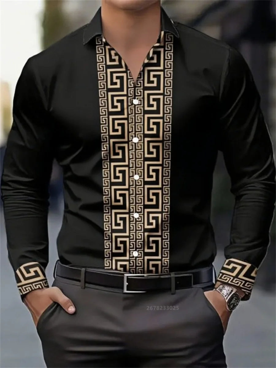 Men's long-sleeved shirt with pattern design, fashionable lapel button-down top.