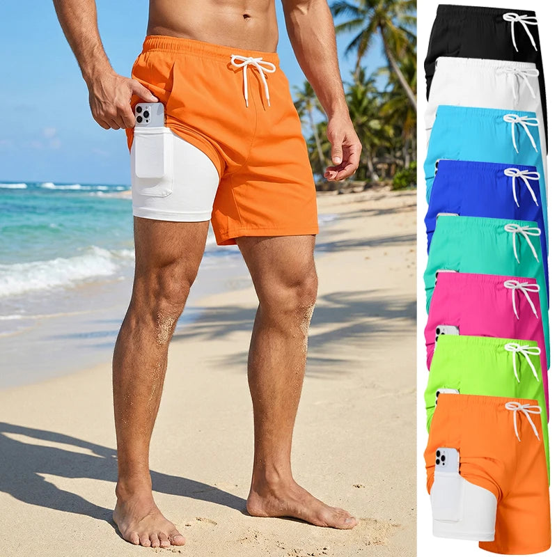 Men's Swim Trunks with Compression Liner Phone Pocket.