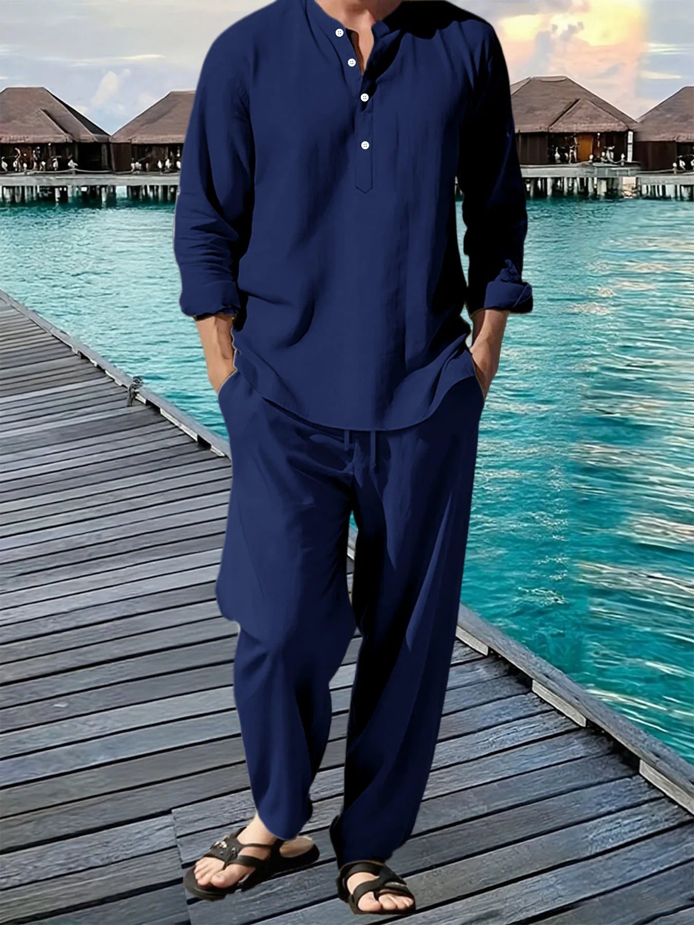New Long Sleeve Henley Shirt Pants Suit for Men.