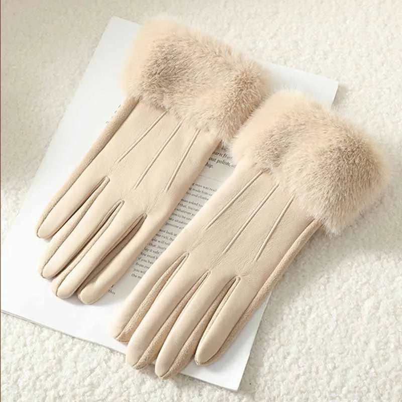 Winter Luxury Women's PU Leather Gloves Fur Trim Cuff
