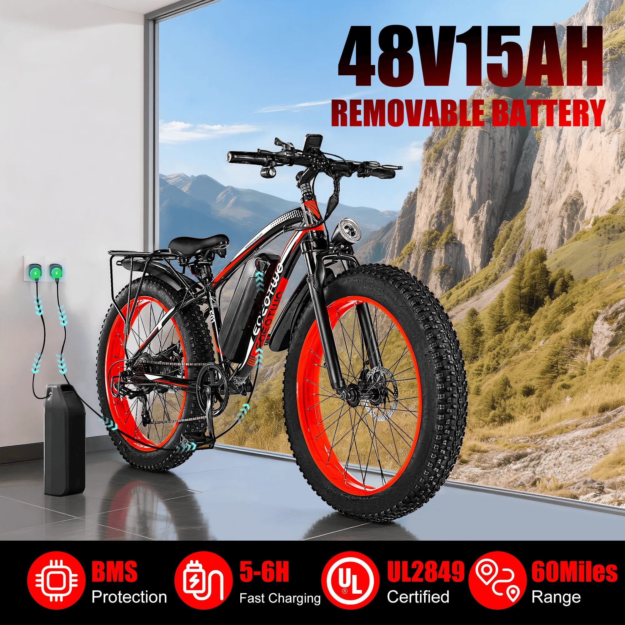 1500W Electric Bike 48V 15Ah Battery 26" 4.0 Fat Tire.