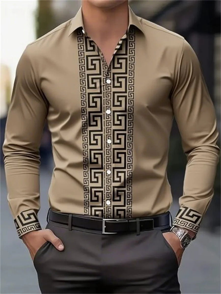 Men's long-sleeved shirt with pattern design, fashionable lapel button-down top.