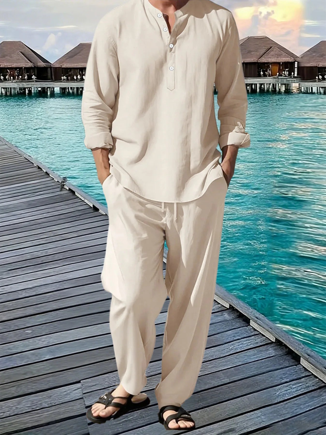 New Long Sleeve Henley Shirt Pants Suit for Men.