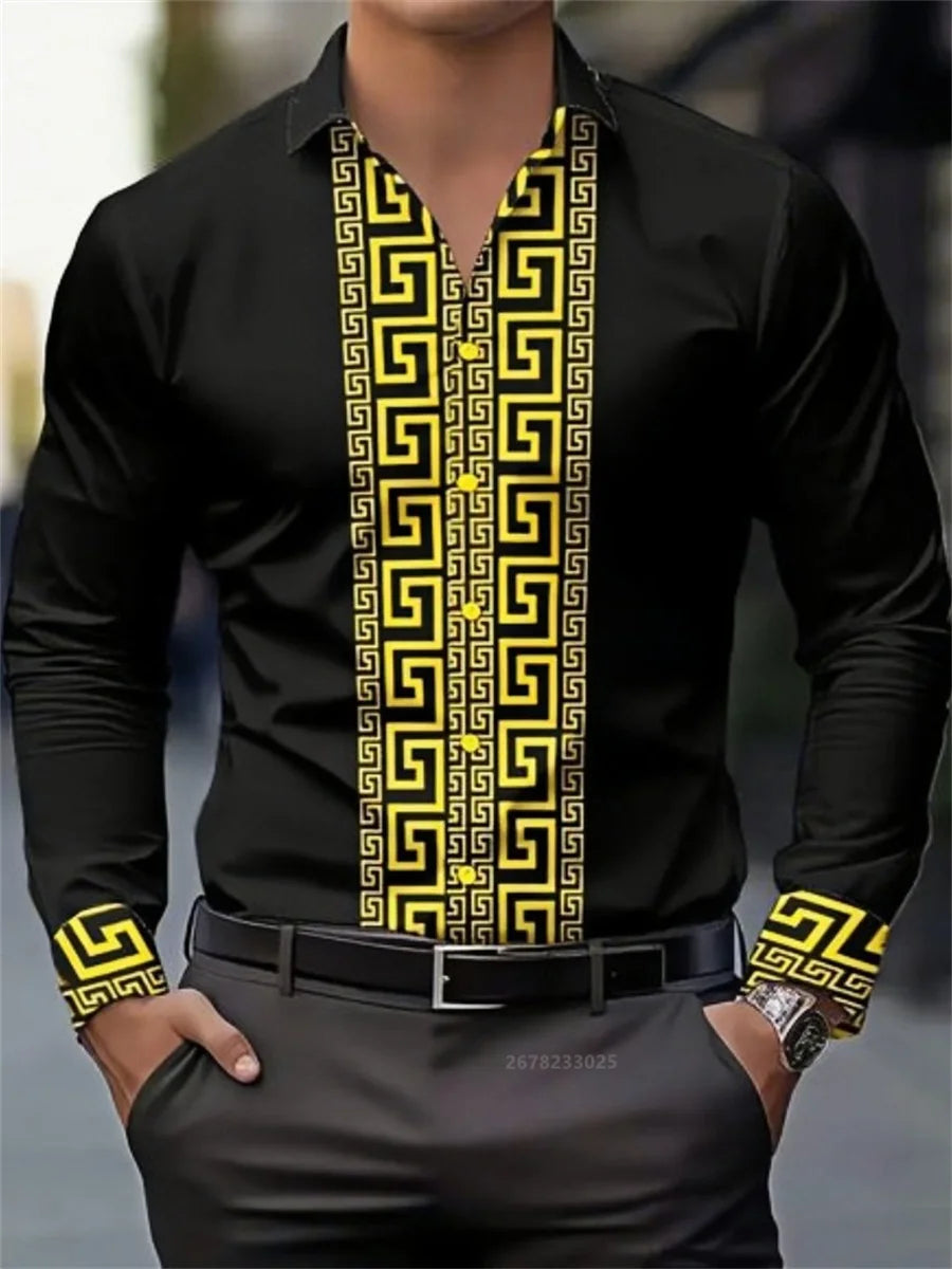 Men's long-sleeved shirt with pattern design, fashionable lapel button-down top.