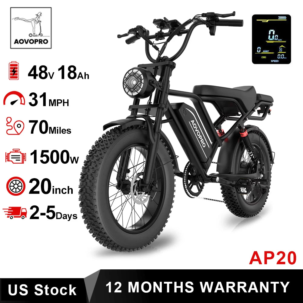 AP20 Electric Bike 1500W 20" Fat Tire 31mph Top Speed.