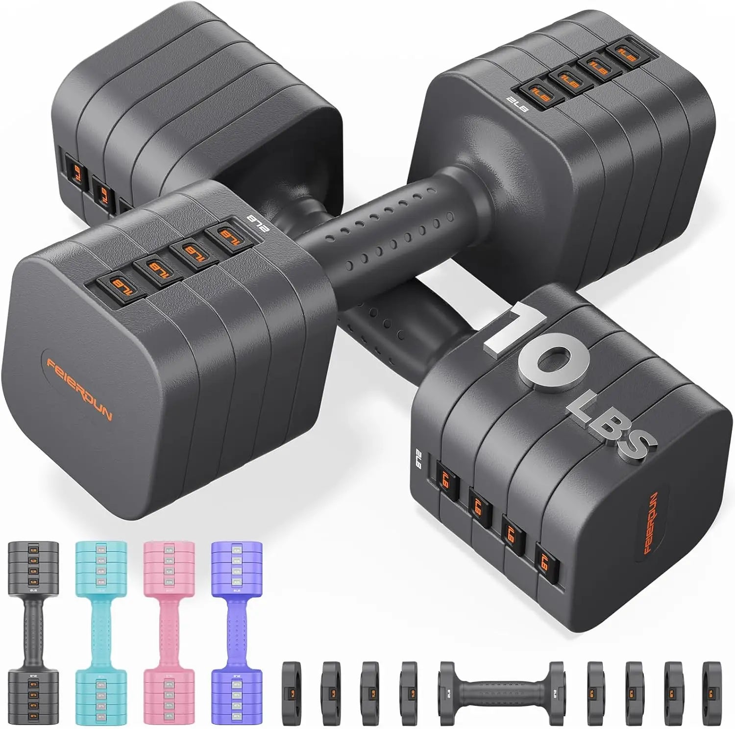 FEIERDUN 5-in-1 Adjustable Dumbbells Set of 2, 20LBS Dark Grey Hand Weights.