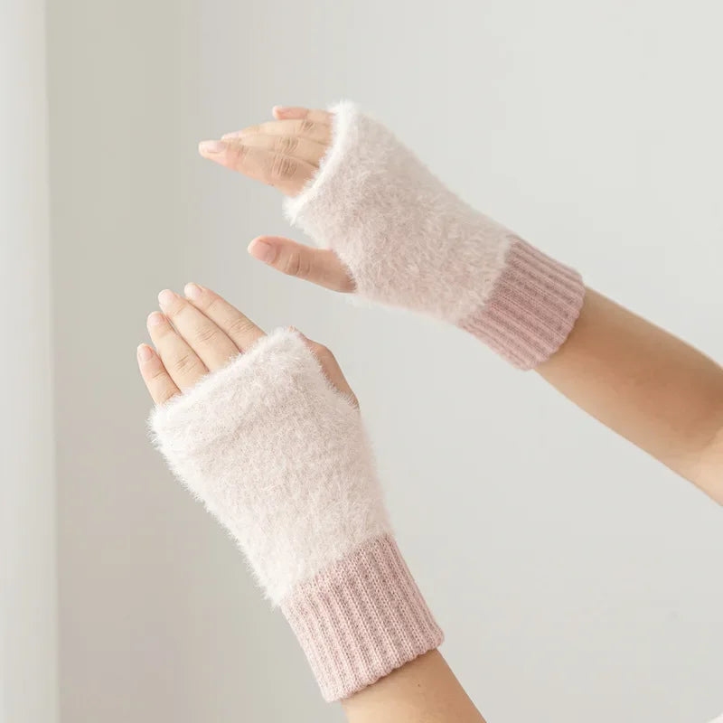 Mink Fleece Soft Winter Half Finger Gloves Women Warm Luxury Solid White