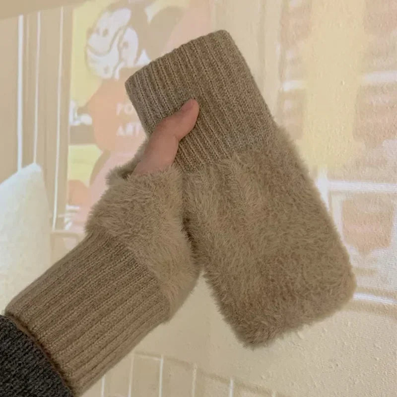 Mink Fleece Soft Winter Half Finger Gloves Women Warm Luxury Solid White