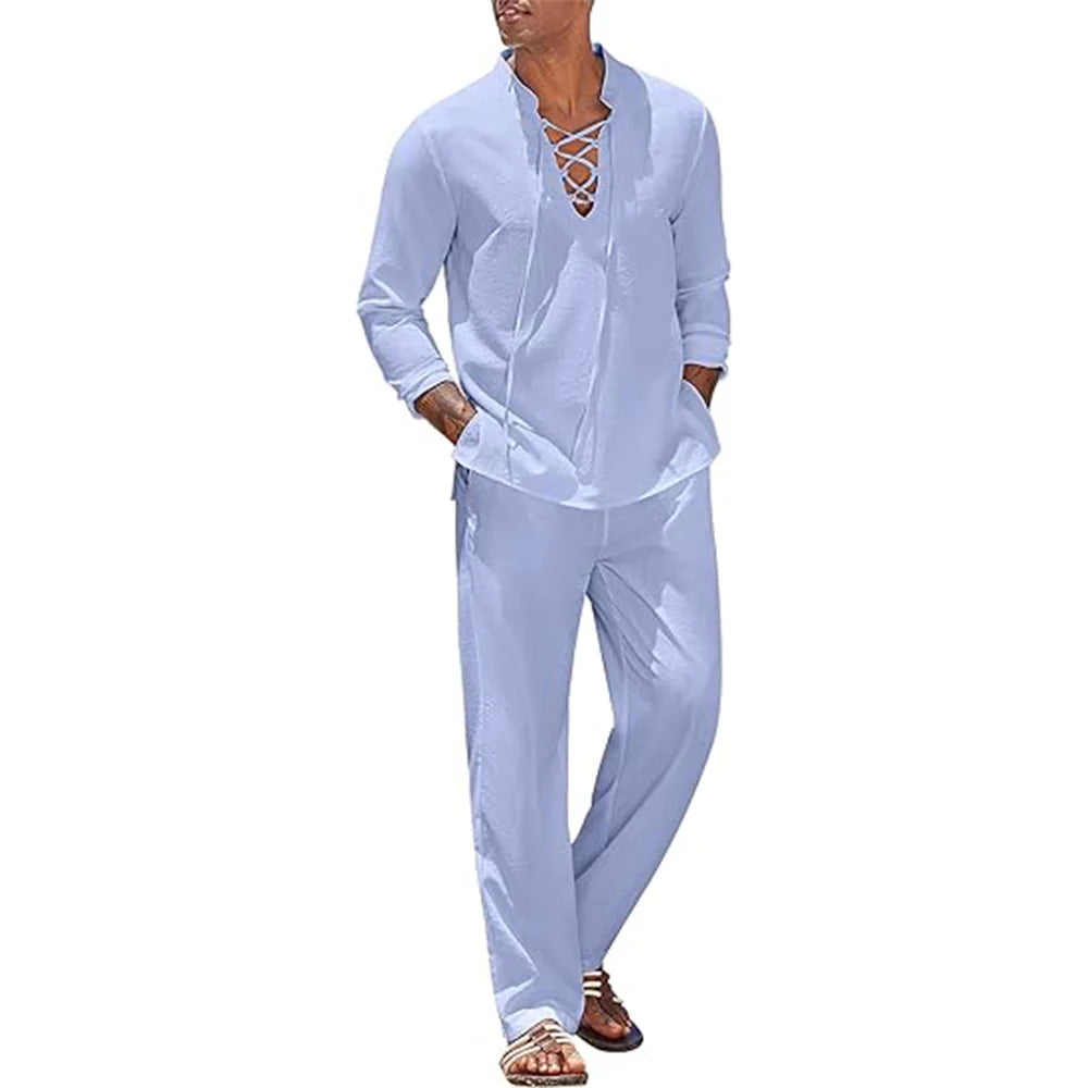 2pcs Set Men's Cotton Linen Shirt and Pants.