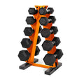 150 LB Rubber Coated Hex Dumbbell Hand Weight Set with Vertical Storage Rack.