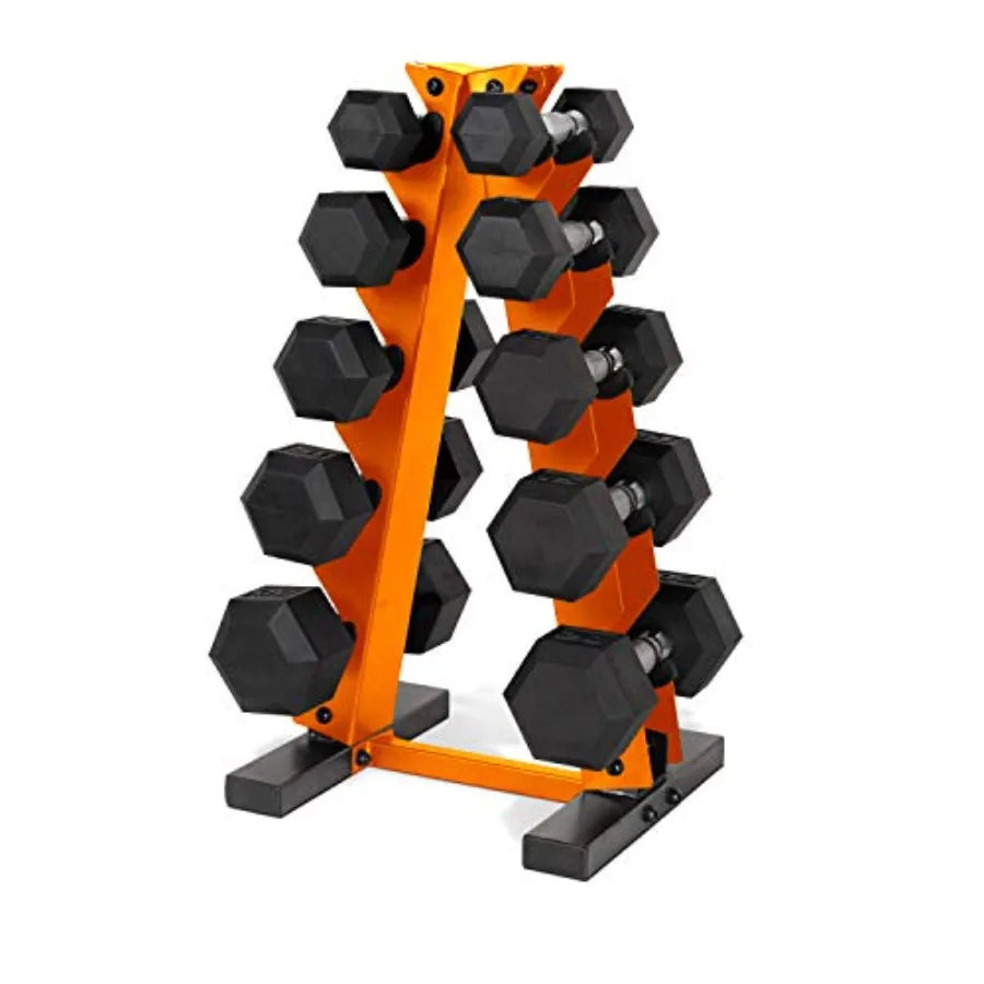 150 LB Rubber Coated Hex Dumbbell Hand Weight Set with Vertical Storage Rack.