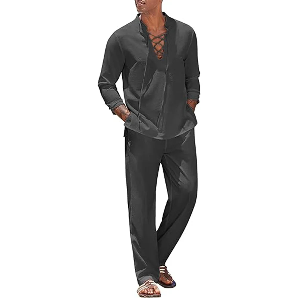 2pcs Set Men's Cotton Linen Shirt and Pants.