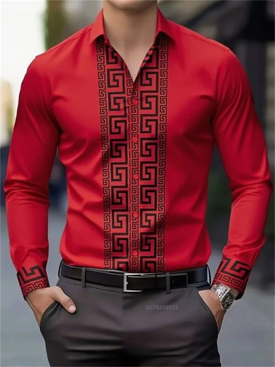 Men's long-sleeved shirt with pattern design, fashionable lapel button-down top.