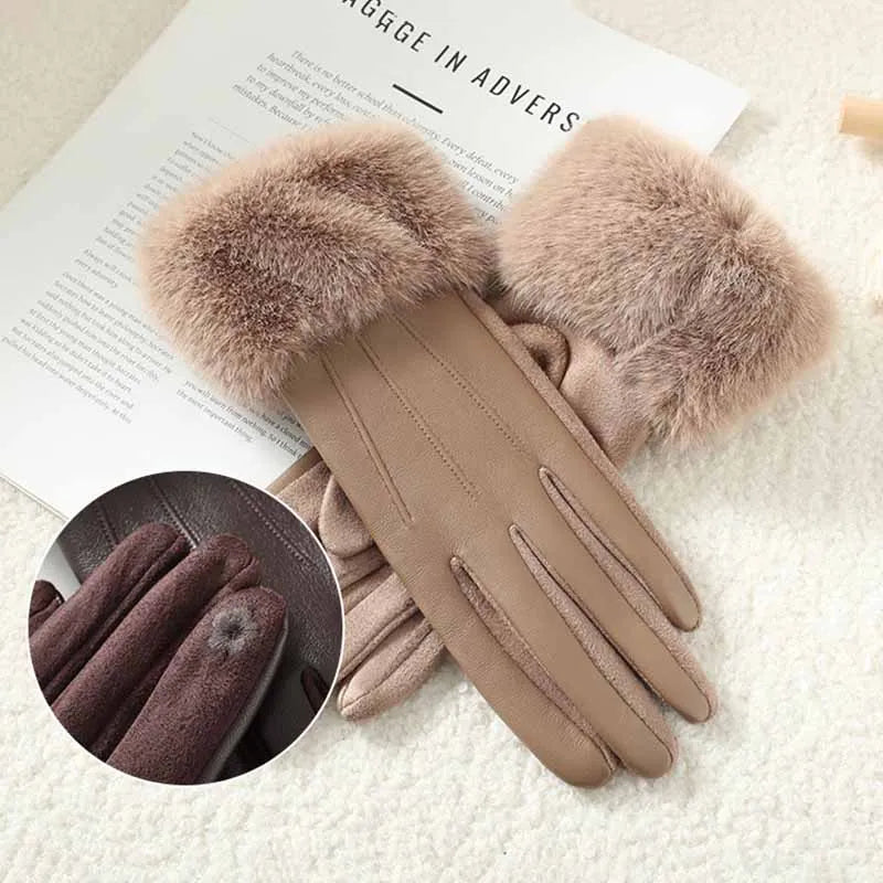 Winter Luxury Women's PU Leather Gloves Fur Trim Cuff