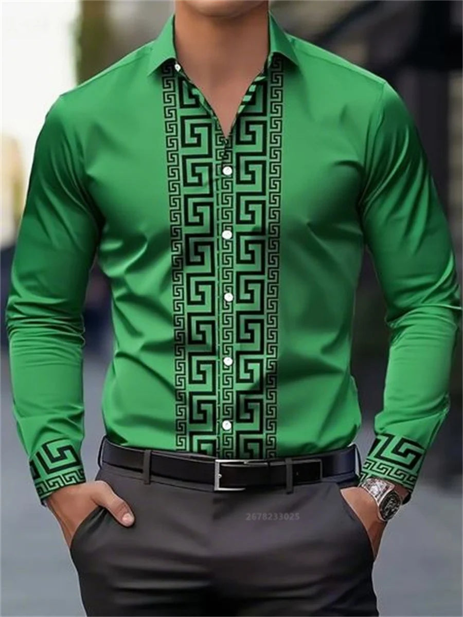 Men's long-sleeved shirt with pattern design, fashionable lapel button-down top.