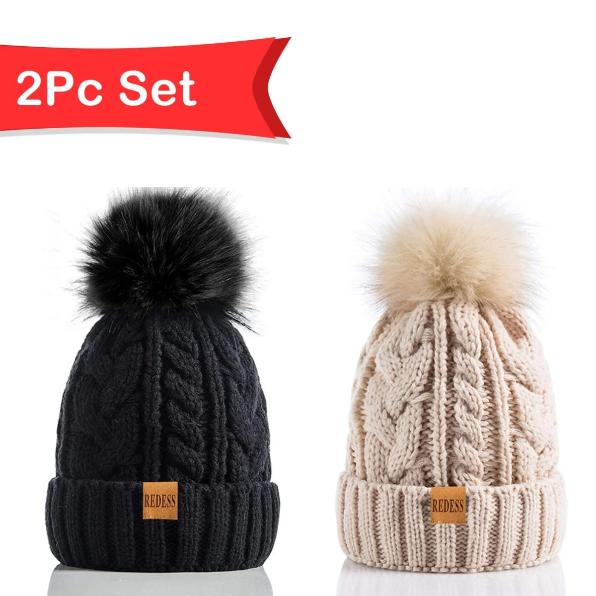 Women Winter Pompom Beanie Hat with Warm Fleece