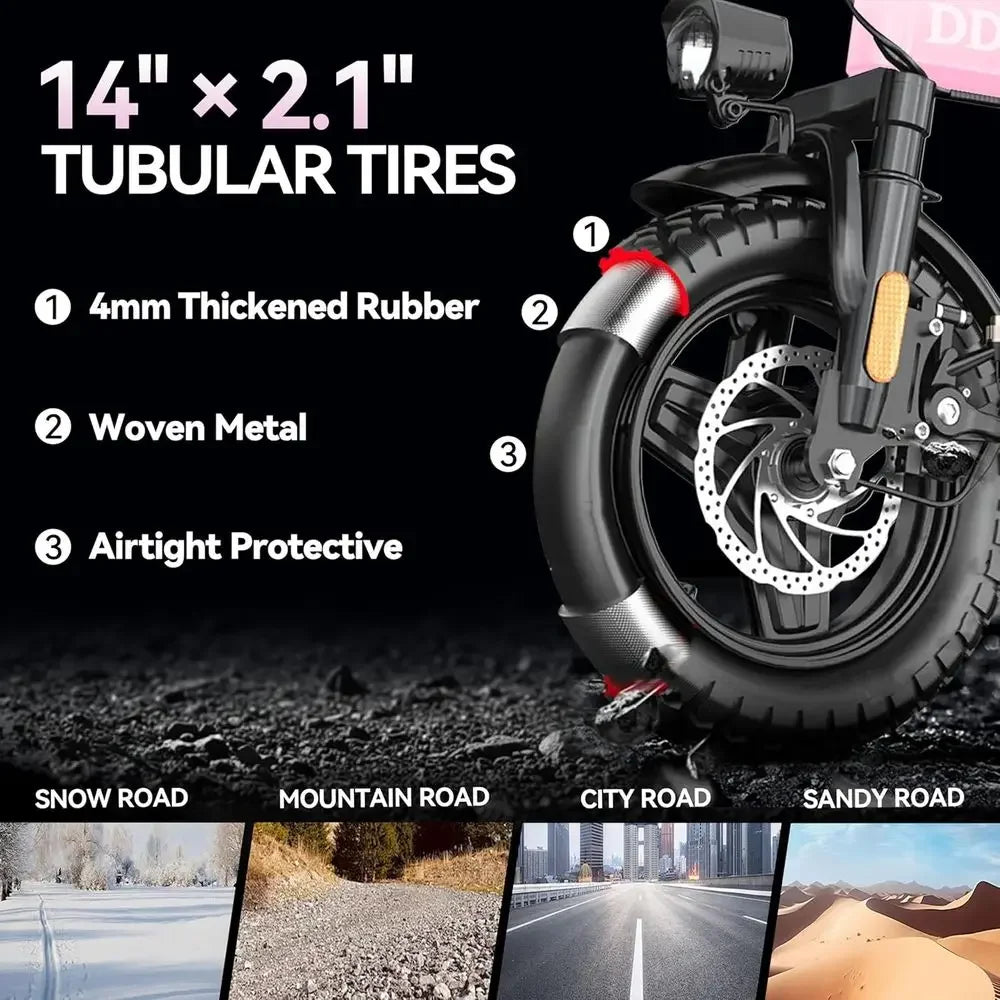 800W Peak Electric Bike, 25MPH, 48V 14Ah Battery.
