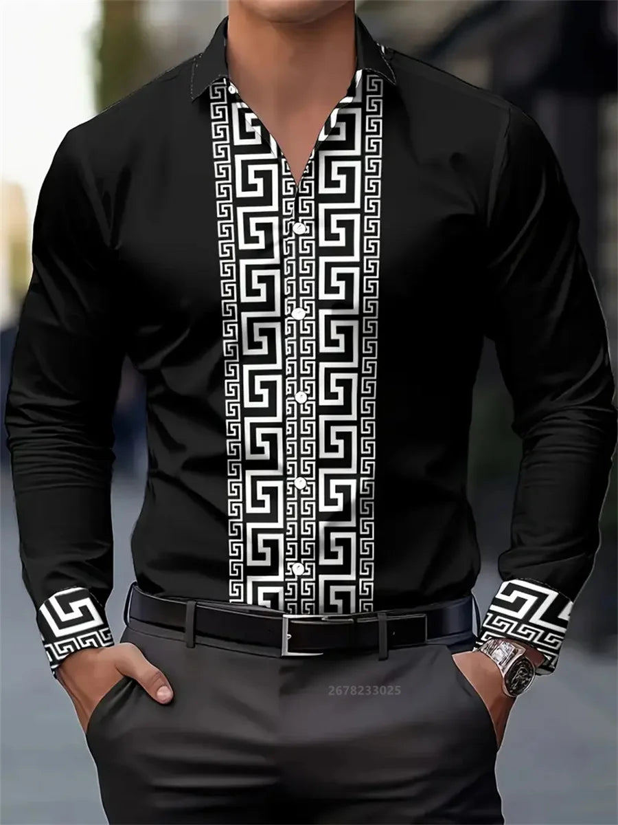 Men's long-sleeved shirt with pattern design, fashionable lapel button-down top.