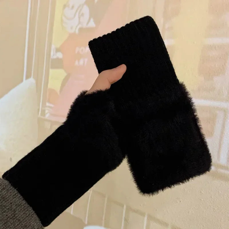 Mink Fleece Soft Winter Half Finger Gloves Women Warm Luxury Solid White
