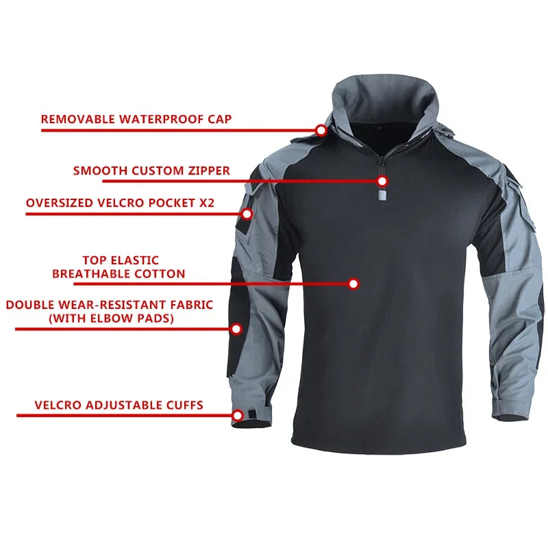 Outdoor Shirts Camo Combat T-Shirt Hooded for Men and Women.