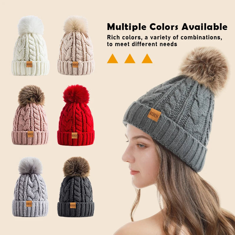 Women Winter Pompom Beanie Hat with Warm Fleece