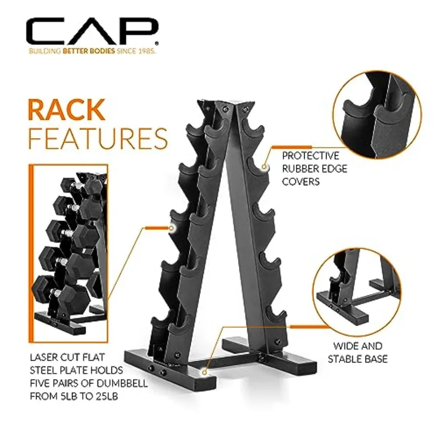 150 LB Rubber Coated Hex Dumbbell Hand Weight Set with Vertical Storage Rack.