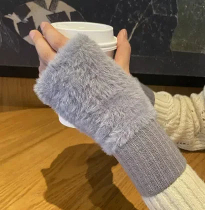 Mink Fleece Soft Winter Half Finger Gloves Women Warm Luxury Solid White