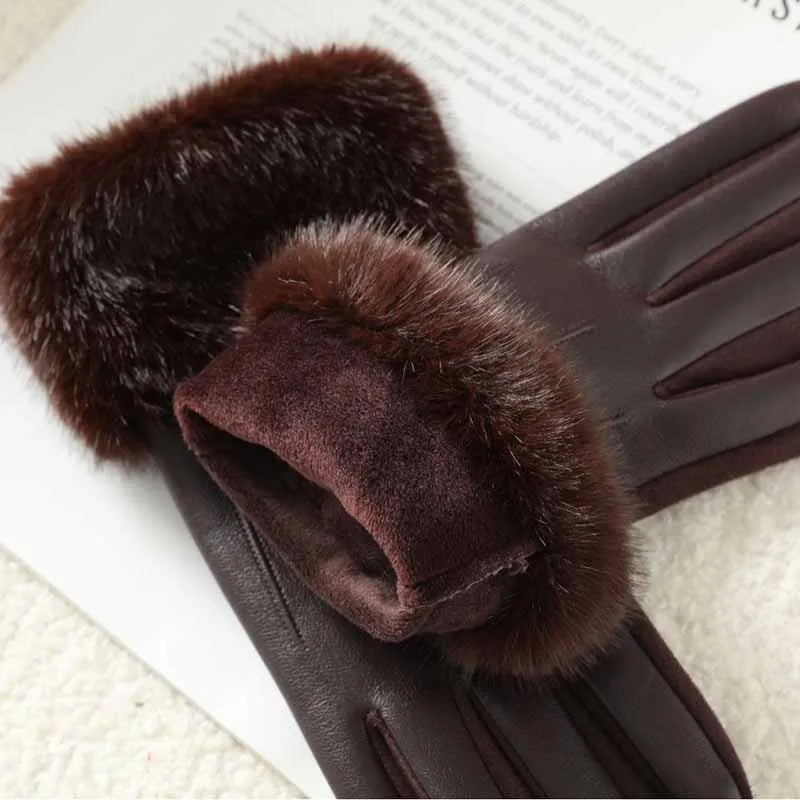 Winter Luxury Women's PU Leather Gloves Fur Trim Cuff