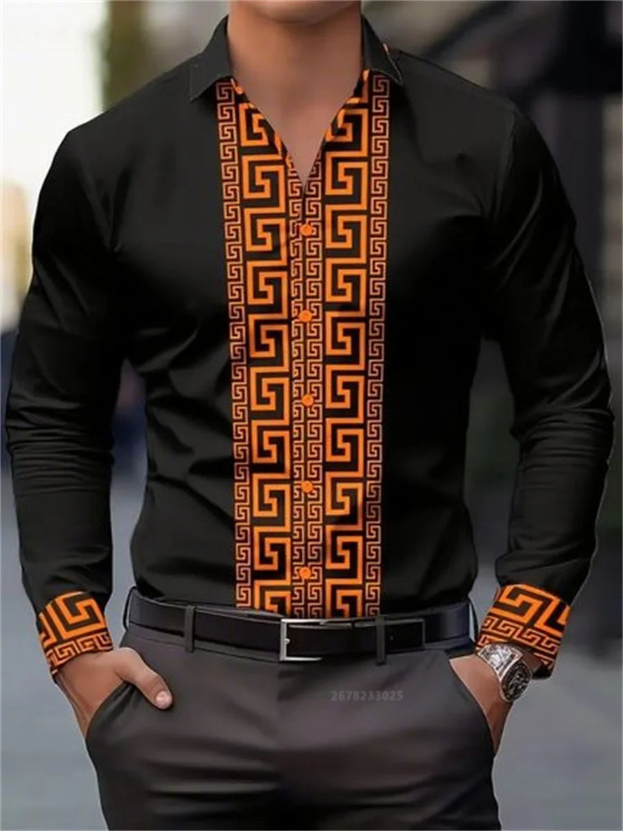 Men's long-sleeved shirt with pattern design, fashionable lapel button-down top.
