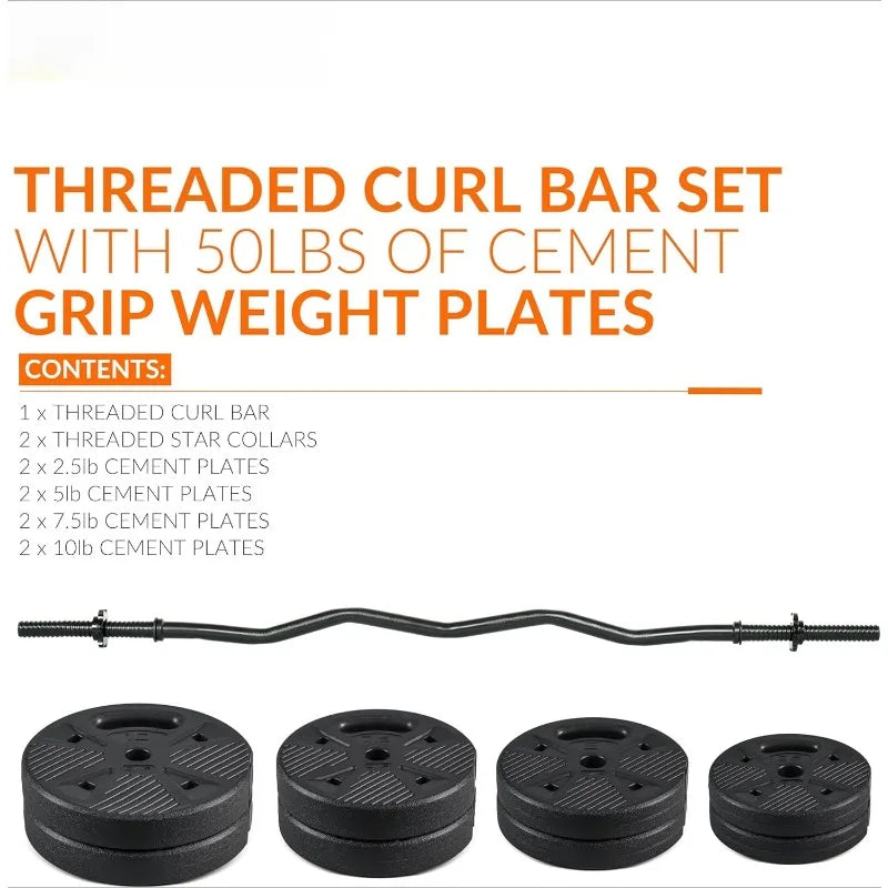 Barbell EZ Curl Bar Set with 50 LB Cement Grip Weights.