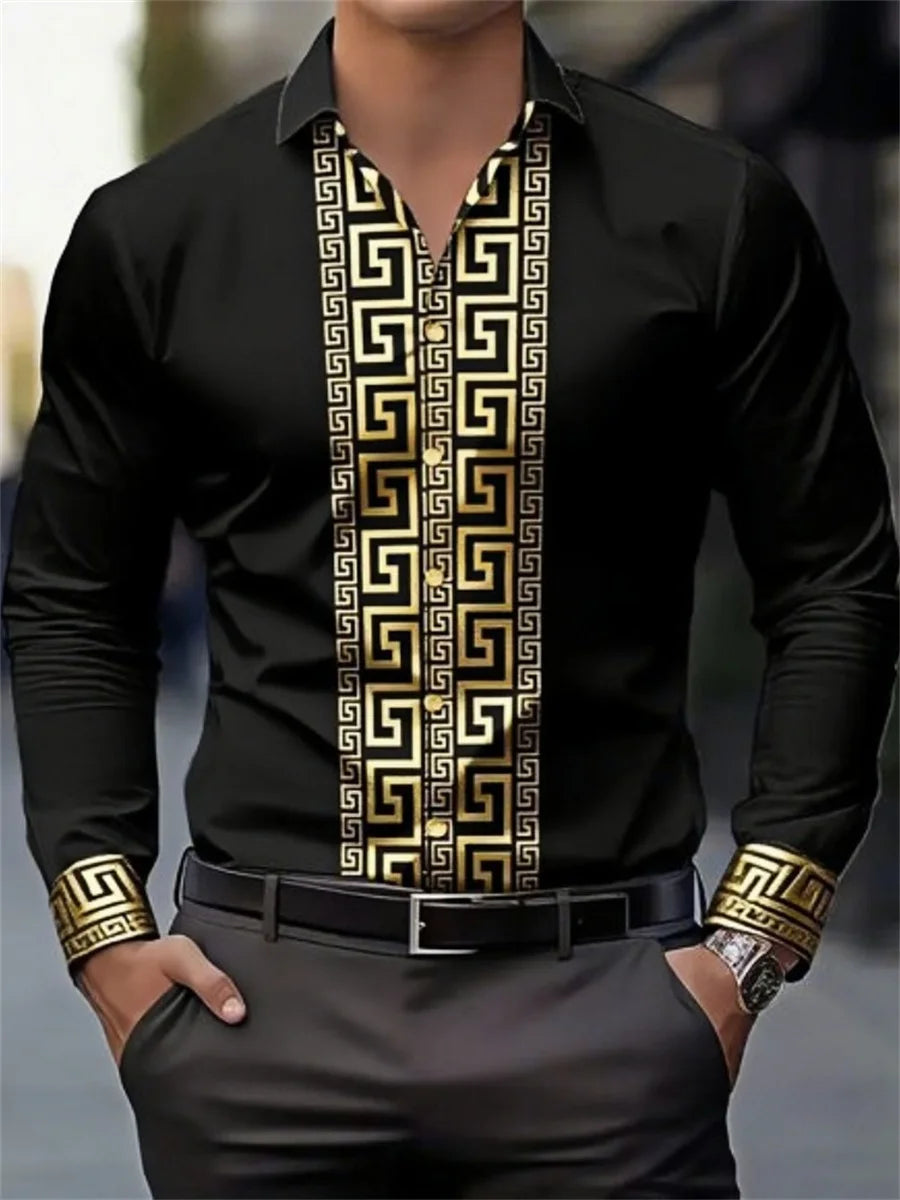 Men's long-sleeved shirt with pattern design, fashionable lapel button-down top.