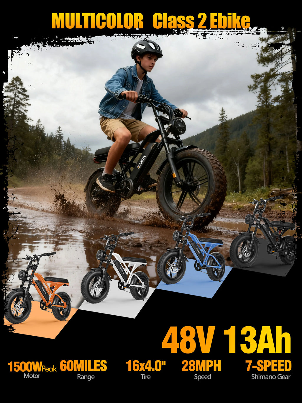 V100 Electric Bike, 1500W Peak 28MPH 48V13Ah Motorcycle.
