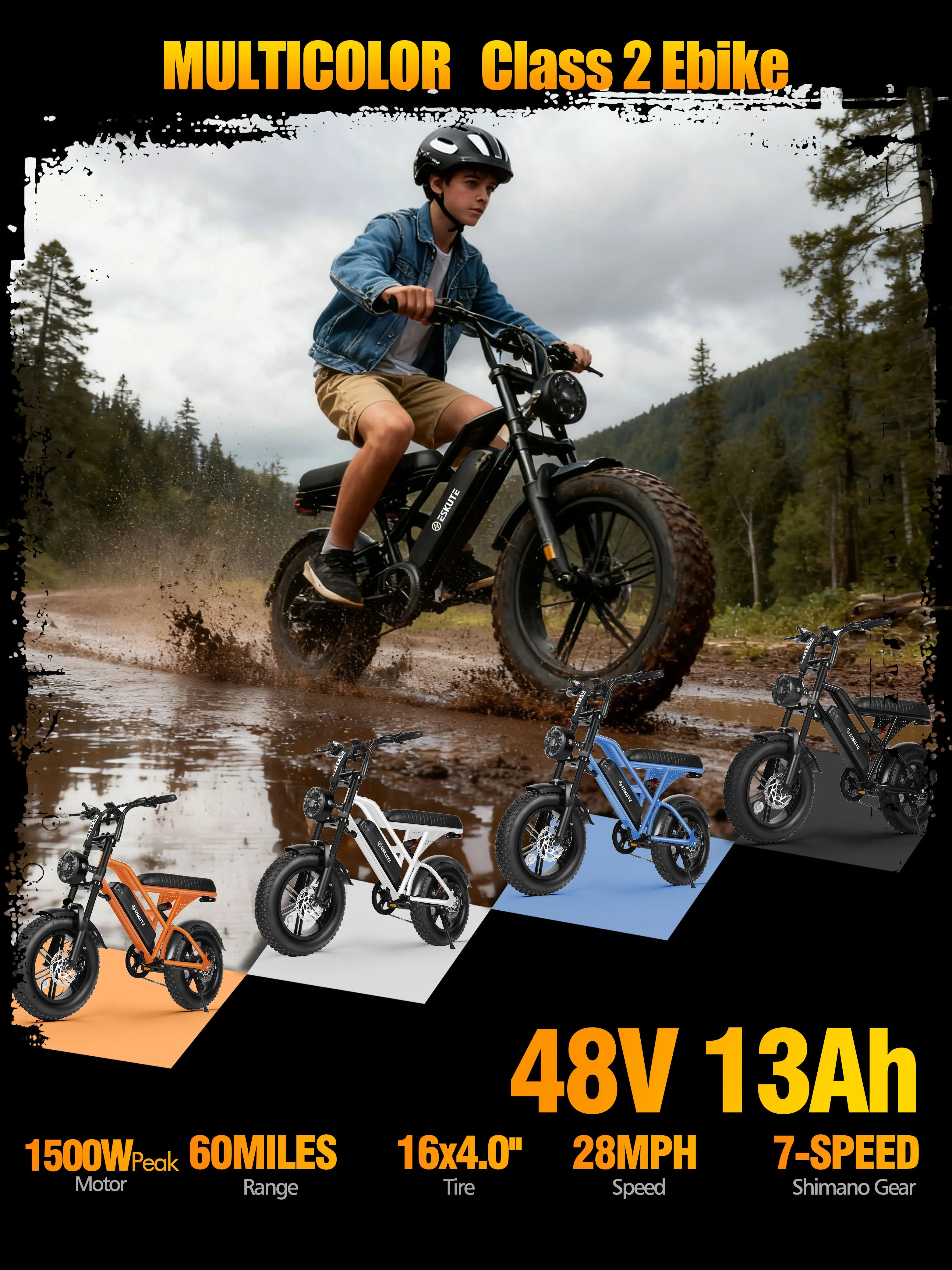 V100 Electric Bike, 1500W Peak 28MPH 48V13Ah Motorcycle.