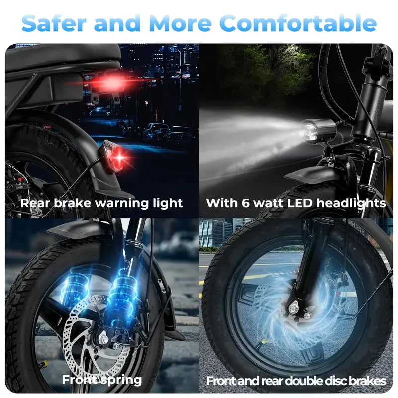 Adult and adolescent folding electric bicycles.