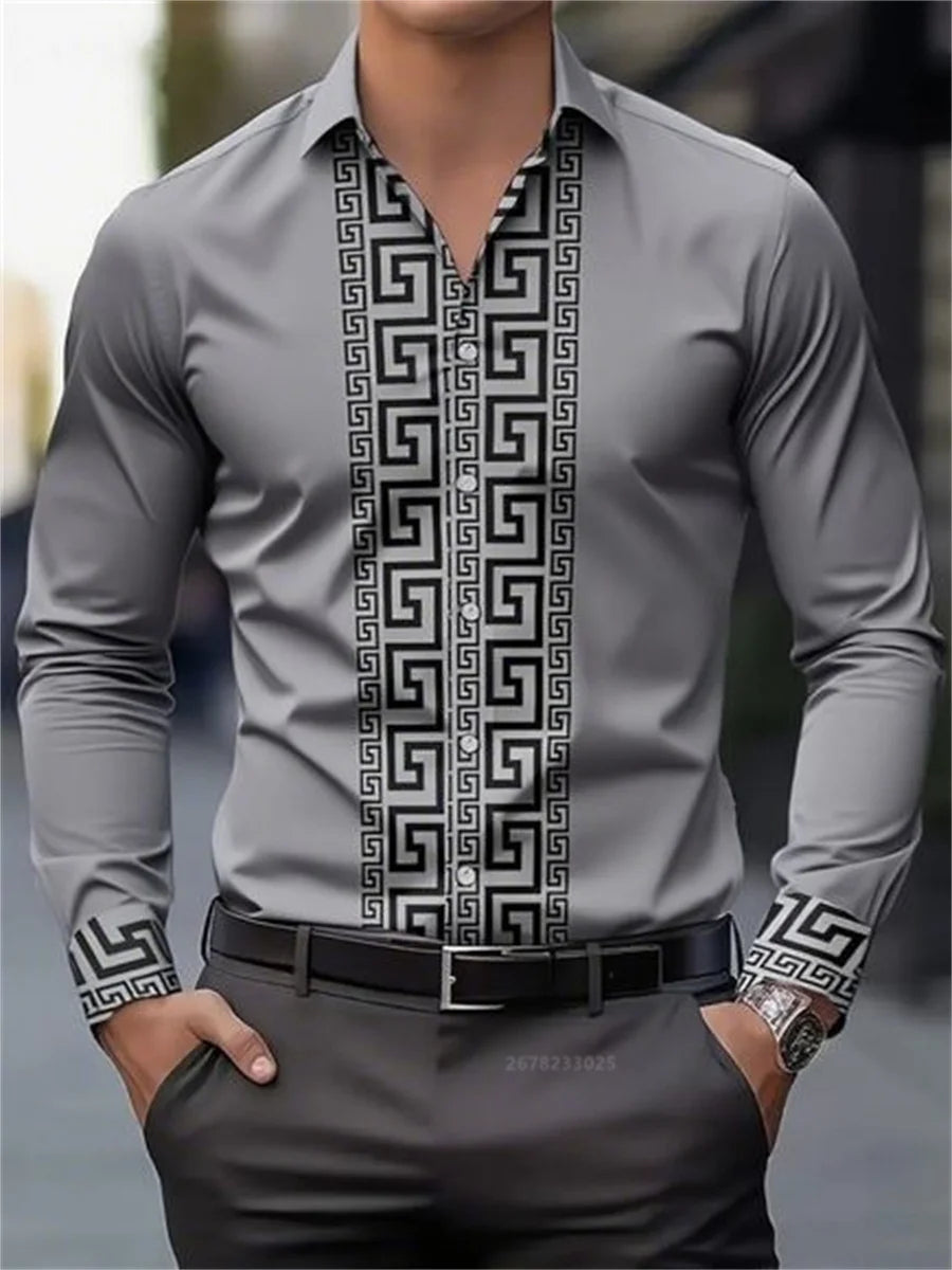 Men's long-sleeved shirt with pattern design, fashionable lapel button-down top.