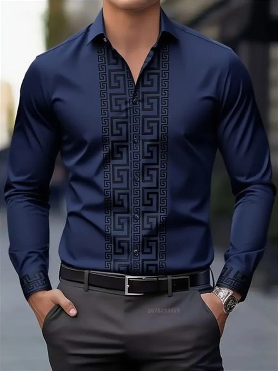 Men's long-sleeved shirt with pattern design, fashionable lapel button-down top.