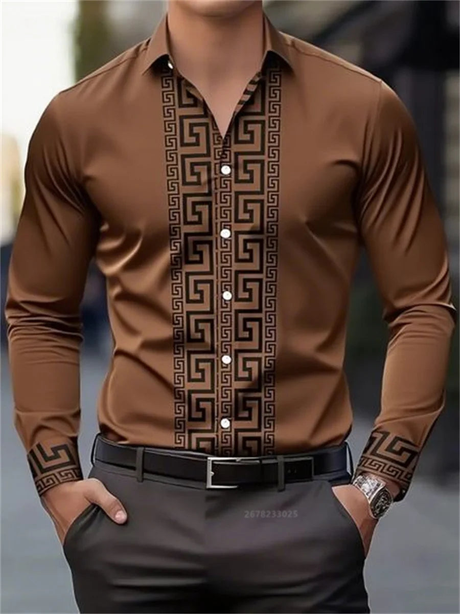Men's long-sleeved shirt with pattern design, fashionable lapel button-down top.