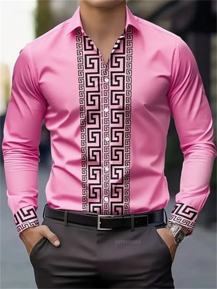 Men's long-sleeved shirt with pattern design, fashionable lapel button-down top.