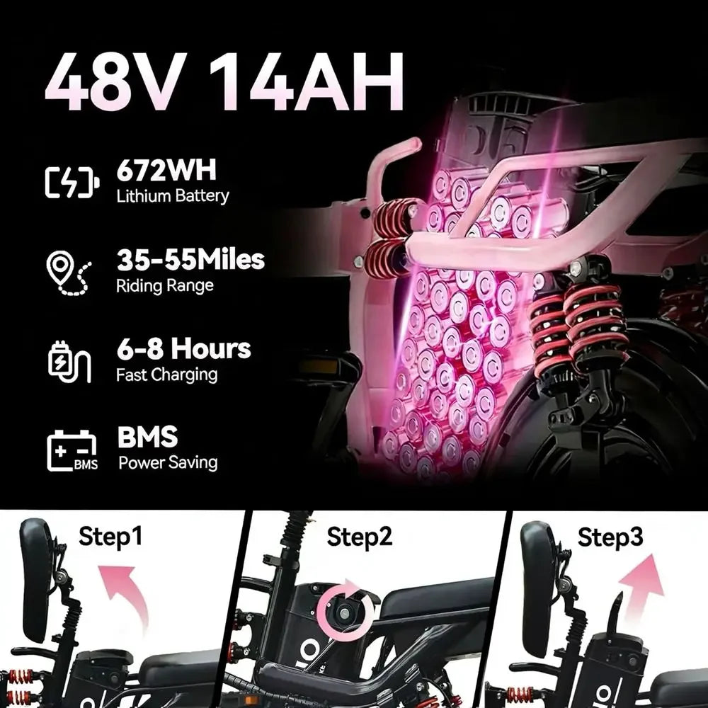 800W Peak Electric Bike, 25MPH, 48V 14Ah Battery.