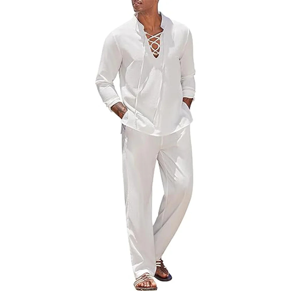 2pcs Set Men's Cotton Linen Shirt and Pants.