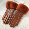 Winter Luxury Women's PU Leather Gloves Fur Trim Cuff
